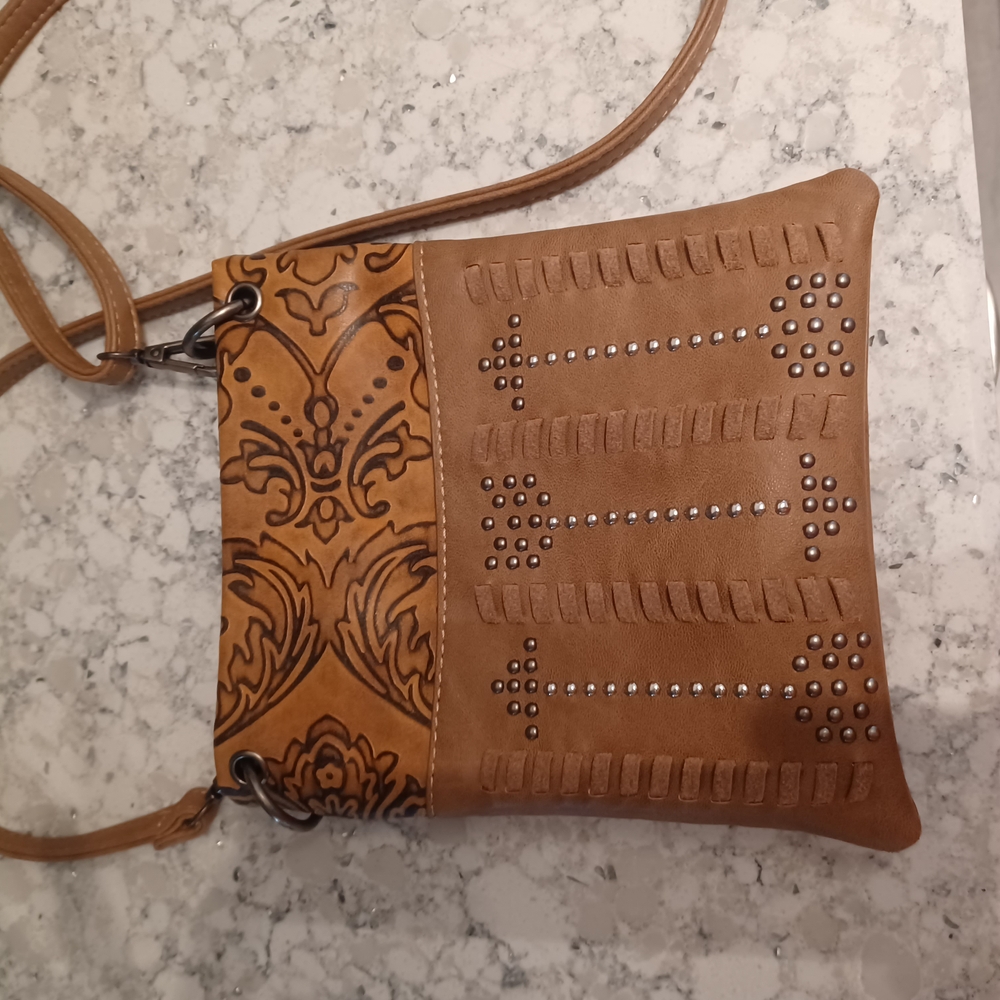 Chic Tan Crossbody Bag with Embossed and Studded Design